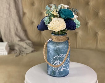 READY TO SHIP - Seaglass Bottle - Blue - Sola Flower Arrangement - Sola Wood Flower - Birthday Gift - Teal and Blue Wedding Centerpiece Wg