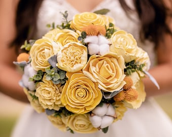 Lemon Kiss Bouquet - Wooden Flowers - Yellow, Cotton -  Sola Flower - Wood Flower Bouquet - Yellow Wedding - Faux Flowers