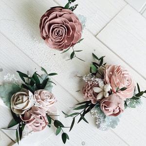 Blushing Rose Wood Flower Corsage Wooden Flowers Wedding Collection Sola Flower Made to Order Match your bouquet image 4