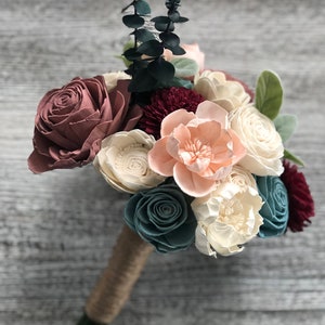 Sweet Winter Wonderland Wood Flower Bouquet - Sola Flower Bouquet - Forever Flowers - Burgundy, Pink, Tranquil Blue - Eco Friendly - Blush