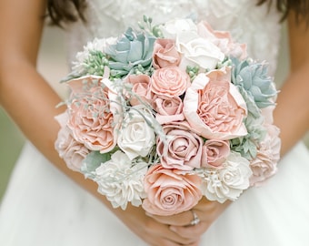 Rosy Succulent Bouquet - Wooden Flowers -  Sola Flower Bouquet - Wood Flower Bouquet - Succulent & Pink Rose Wedding Bouquet - Faux Flowers