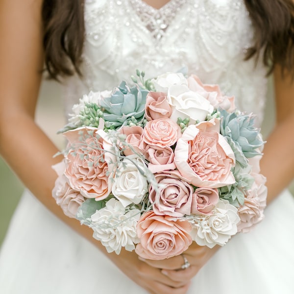 Rosy Succulent Bouquet - Wooden Flowers -  Sola Flower Bouquet - Wood Flower Bouquet - Succulent & Pink Rose Wedding Bouquet - Faux Flowers