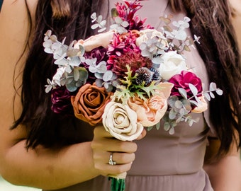 Burgundy Boho - Wooden Flowers -  Sola Flower Bouquet - Wood Flower Bouquet - Wedding Bouquet - Faux Flowers - Boho Bouquet