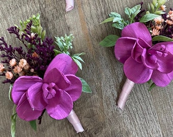 Sangria and Orchids Boutonniere - Wooden Flowers - Purple Paradise - Tropical Wedding - Sola Flowers - Garden Succulents - Made to Order