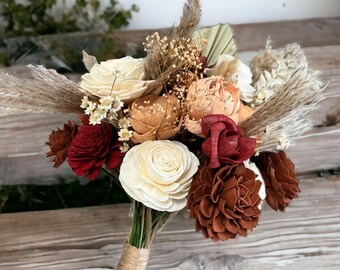 Cinnamon, Sienna and Burnt Orange Boho Wedding Bouquet - Pampas Grass Bouquet - Neutral Tones Wedding Bouquet - Sola Wood Flowers