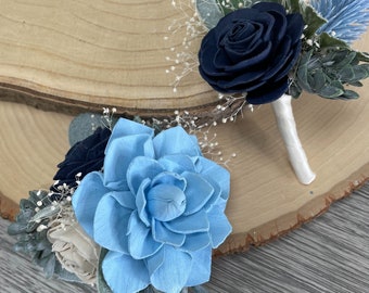 READY TO SHIP - Navy and Blue Boutonniere and Corsage Set - Sola Wood Flowers - Homecoming - Prom - Wedding - Set of 2 His and Hers