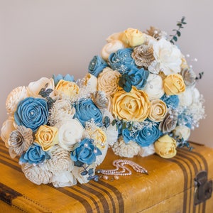 Vintage Bridal Bouquet Wooden Flowers Timeless Vintage Wedding Collection Blue and Yellow Made to Order image 5