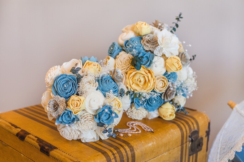 Vintage Bridal Bouquet Wooden Flowers Timeless Vintage Wedding Collection Blue and Yellow Made to Order image 5