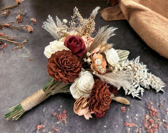 Fall Sola Wood Flower Wedding Bouquet, Boho Bridal Arrangement in Cinnamon, Sienna & Champagne, Perfect for Weddings and Gifting