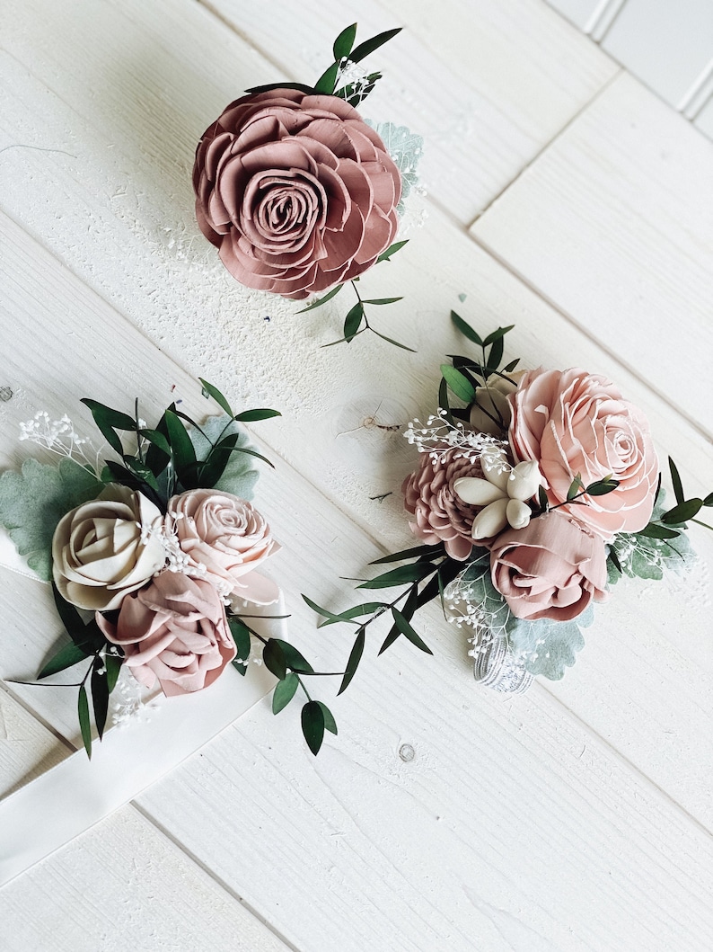 Blushing Rose Wood Flower Corsage Wooden Flowers Wedding Collection Sola Flower Made to Order Match your bouquet image 4