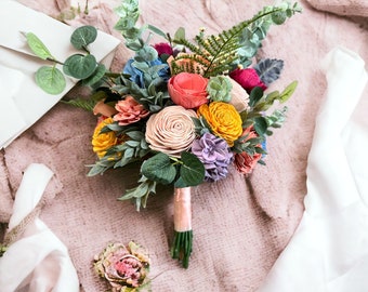 Vibrant Springtime Wildflower Wedding Bouquet - Bright Colored Bouquet - Summer Wedding - Lilac, Fuchsia, Yellow, Blue Sola Wood Flowers