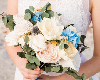 Blue, Yellow and Blush Bouquet - Wedding Bouquet Made to Order - Forever Flowers - Bridesmaid Bridal Bouquet - Wedding Flowers