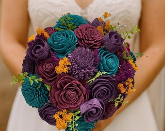 Jaded Jewel-Tone Wedding Bouquet | Teal, Wine & Deep Purple Sola Wood Flower Bridal Bouquet