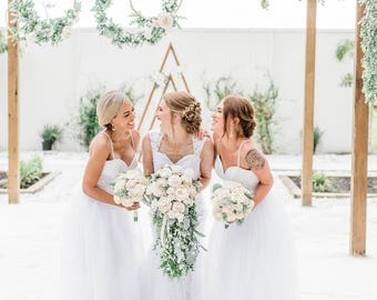 White Sola Wood Flower Wedding Bouquet with Greenery & Pearls | Handmade Bridal Bouquet, White Wedding Flowers, Rustic Elegant Decor