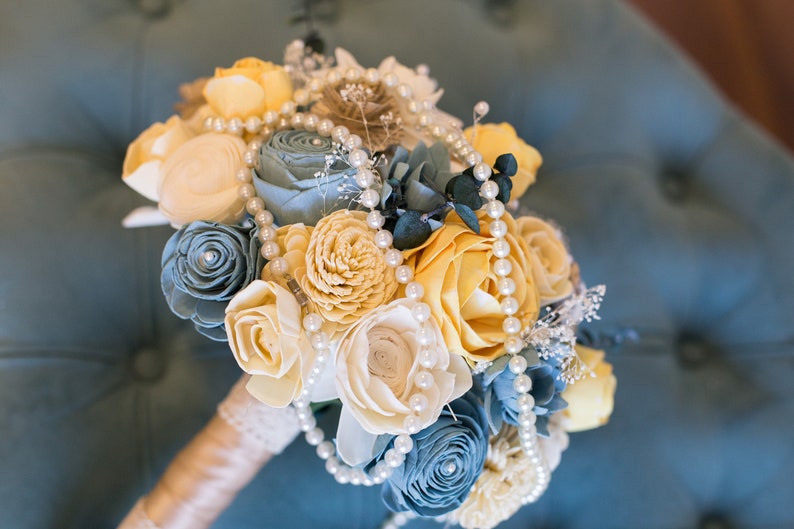 Vintage Bridal Bouquet Wooden Flowers Timeless Vintage Wedding Collection Blue and Yellow Made to Order image 1