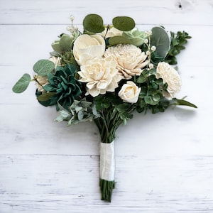 Emerald and Gold Wedding Bouquet Elegant Bouquet White and Gold Summer Wedding Green Faux Silk Flowers Sola Wood Flowers Large: 12"