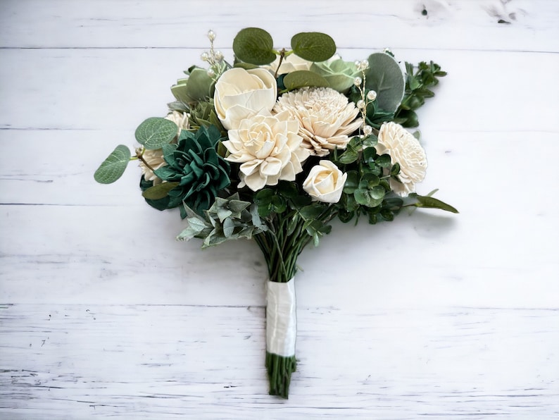 Emerald and Gold Wedding Bouquet Elegant Bouquet White and Gold Summer Wedding Green Faux Silk Flowers Sola Wood Flowers Large: 12"