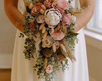 Dusty Rose Pampas Grass Wedding Bouquet | Blush Ivory Pink Sola Wood Flowers | Boho Pampas Grass Wedding Bouquet | Sola Wood Flowers