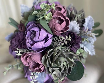 Purple Sola Wood Flower Bouquet: Peonies & Succulents Wedding Decor