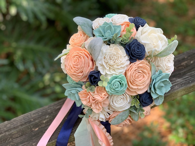 Peach Navy and Mint Bouquet Custom Wedding Bouquet Made to ...