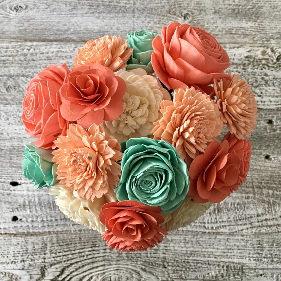 Coastline Coral And Mint Wooden Flower Bouquet Sola Flower Etsy