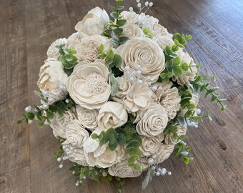 READY TO SHIP - White with Greenery and Pearls Wood Flower Bouquet - As Is - Bridal Bouquet - Wedding Flowers - Bride Bouquet - Garden