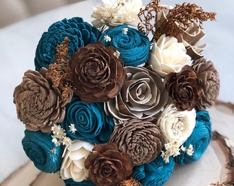 Rustic Bridal Bouquet - Wooden Flowers - Rustic Charm Wedding Collection - Teal - Made to Order