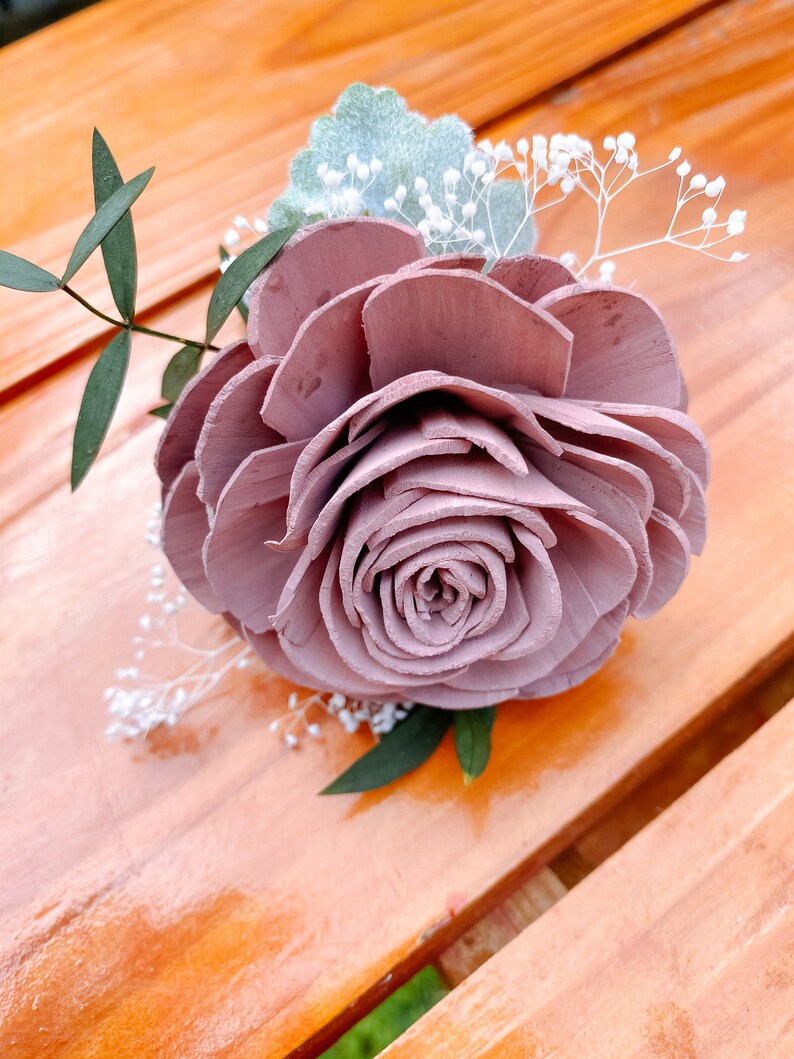 Blushing Rose Wood Flower Corsage Wooden Flowers Wedding Collection Sola Flower Made to Order Match your bouquet image 7