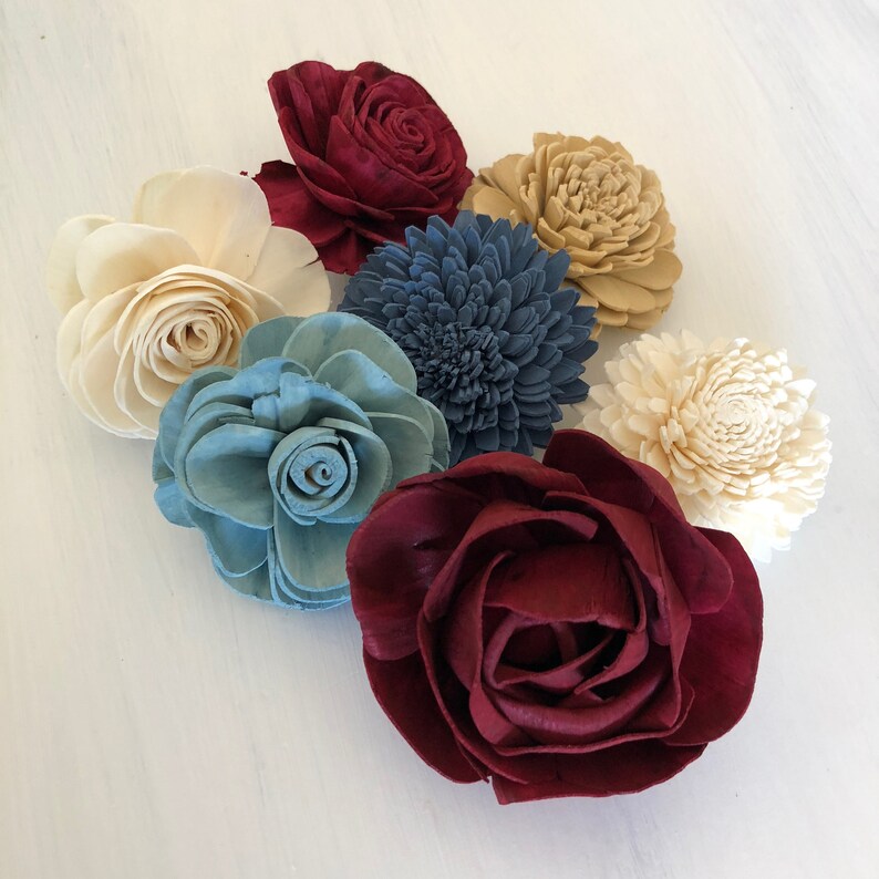 SAMPLE TINY Heartland Loose Flowers 6 Wood Flowers Sola Flowers Burgundy and Blue Wedding Flowers Pine and Petal Sola Wood image 2