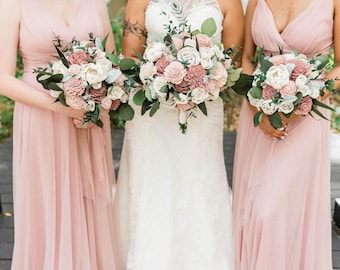 Dusty Rose Sola Wood Flower Bouquet | Blush Pink Wedding Bouquet | Blush & Greenery Wedding Bouquet | Dusty Rose Sola Wood Flowers
