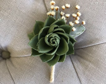 Soft Succulent Boutonnière - Wooden Flowers - Succulent Wedding Collection - Greenery - Succulents - Made to Order