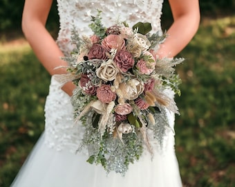 Dusty Rose and Pampas Grass Cascading Wedding Bouquet  - Blush, Ivory and Pink - Wood Flowers - Sola Wood Flowers - Boho Cascading Bouquet