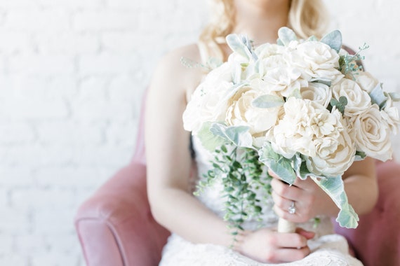 White And Green Wood Flower Bouquet Sola Flower Bouquet Etsy