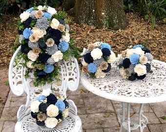 Blue Book Pages Blue Flower Bouquet - Sola Flower Bouquet - Wedding Bouquet - Wooden Flower Bouquet - Ice Blue - Navy - Book Page Flowers