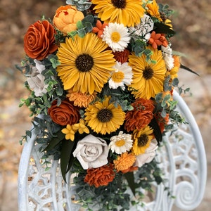 Sunflower Cascading Sola Flower Bouquet Cascade Wedding Bouquet Sola Flower Bridal Bouquet Faux Greenery Yellow, Marigold, Blue As Shown (Photo 1)