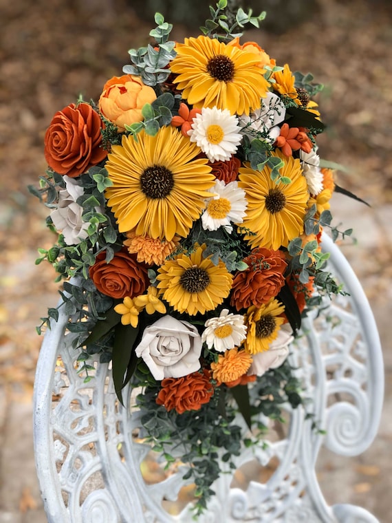 Sunflower Cascade Wedding Bouquet, Hand-Dyed Sola Wood Flowers Greenery,  Cascading Fall Wedding Flowers, Custom Bridal Bouquet