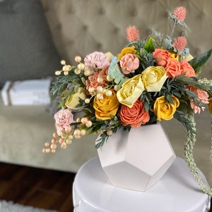 READY TO SHIP - Spring Succulents Hexagon Vase - Yellow, Pink Sola Flower Arrangement - Wood Flower Arrangement - As Is - Birthday Gift - Wg