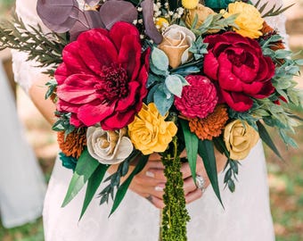 Fall Wedding Bouquet with Sola Wood Flowers | Rustic Red, Yellow & Green Faux Bridal Bouquet for Barn, Country and Rustic Weddings