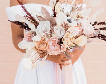 Blushing Anemone Bridal Bouquet | Sola Wood Flowers, Boho Chic Blush and Quartz Wedding Bouquet, Handmade Wedding Flowers, Oblong or Round