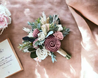 Dusty Rose Boho Wedding Bouquet | Boho Pampas Grass Sola Wood Flowers | Blush & Pampas Grass Boho | Dusty Rose and Bunny Tails Sola Wood