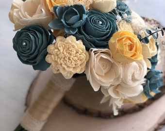 Vintage Bridesmaid Bouquet - Wooden Flowers - Timeless Vintage Wedding Collection - Blue, Yellow - Custom Colors - Made to Order