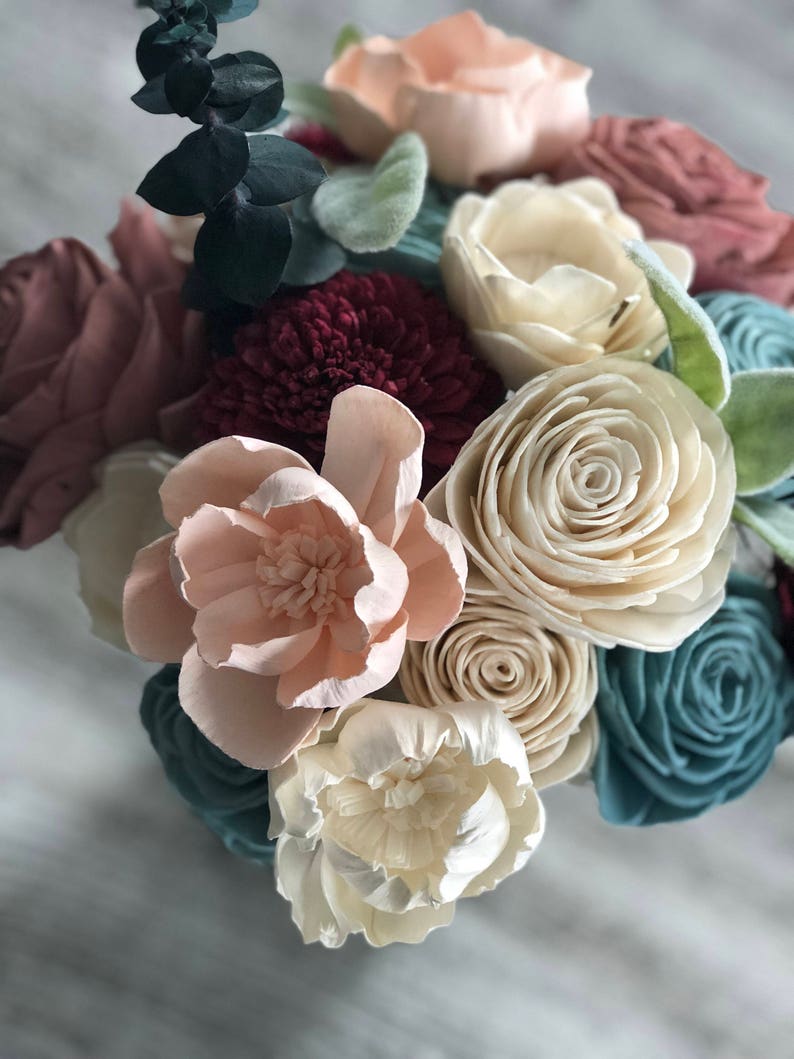 Sweet Winter Wonderland Wood Flower Bouquet Sola Flower Bouquet Forever Flowers Burgundy, Pink, Tranquil Blue Eco Friendly Blush image 3