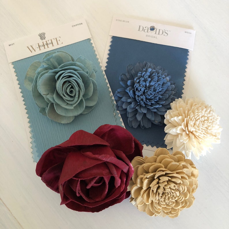 SAMPLE TINY Heartland Loose Flowers 6 Wood Flowers Sola Flowers Burgundy and Blue Wedding Flowers Pine and Petal Sola Wood image 3