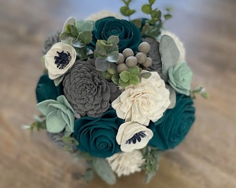 Teal, Grey and White Bouquet - Wedding Bouquet Made to Order - Forever Flowers - Bridesmaid Bridal Bouquet - Wedding Flowers