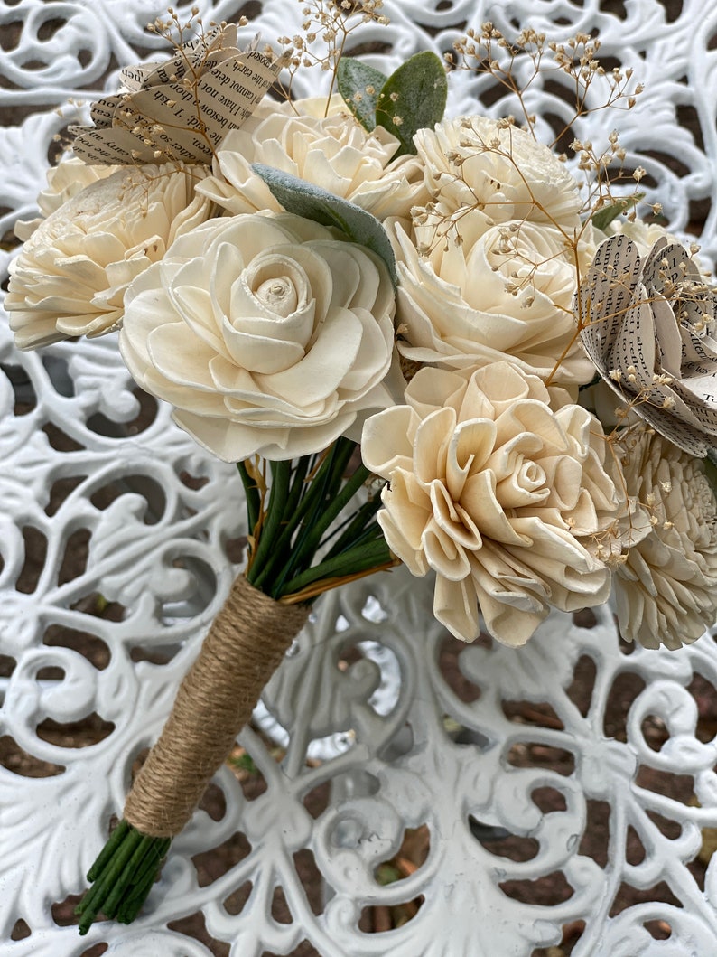 Book Page Flower Bouquet Sola Flower Bouquet Wedding Flowers Bridesmaid Bouquet Home Decor Wooden Flowers Wedding CB1013 image 2