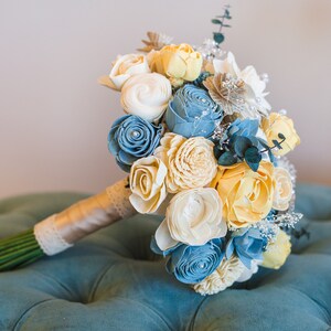 Vintage Bridal Bouquet Wooden Flowers Timeless Vintage Wedding Collection Blue and Yellow Made to Order image 4