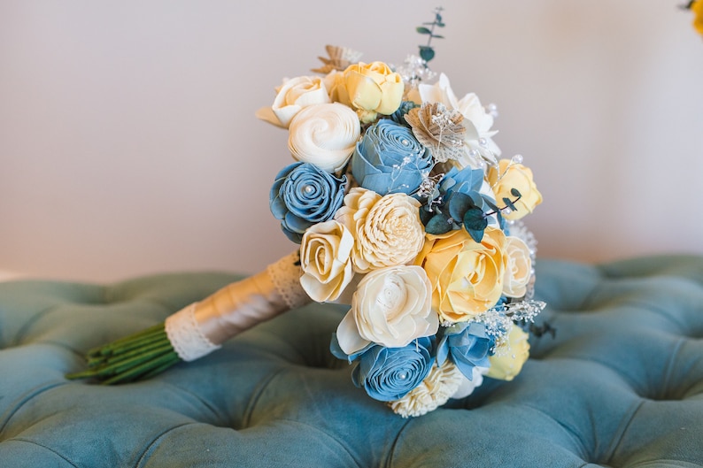 Vintage Bridal Bouquet Wooden Flowers Timeless Vintage Wedding Collection Blue and Yellow Made to Order image 4