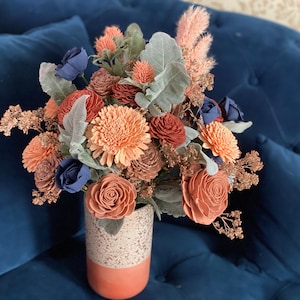 Boho Navy, Peach and Rose Gold Flower Arrangement Sola Wood Flowers - Birthday Gift - Boho Wedding Centerpiece