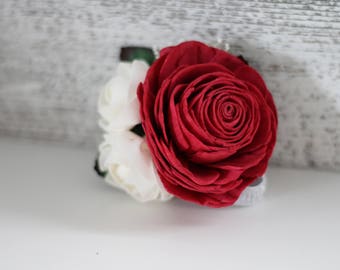 Classic Wrist Corsage - Wooden Flowers - Classic Elegance Wedding Collection - Red and White - Made to Order