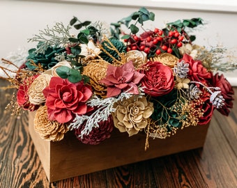 Gold Boughs and Blooms Winter Table Arrangement - Christmas Decor - Gold and Red - Wood Flower Arrangement - Pine Flowers - Centerpiece